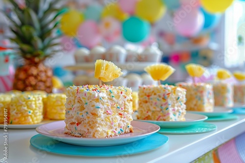 Kidfriendly pineapple coconut bars served at a childrena  s party, with colorful plates and decorations, capturing a joyful, vibrant scene , blending Cubism's fragmented perspectives  photo
