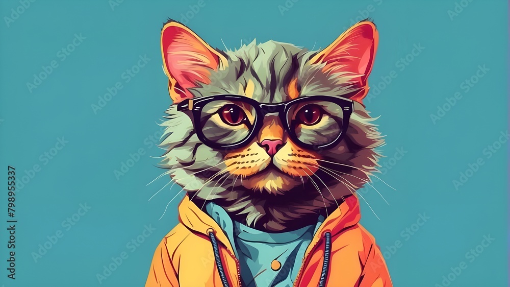 Fototapeta Generative AI-Generated Hipster Cute Pop Art Cat Illustration