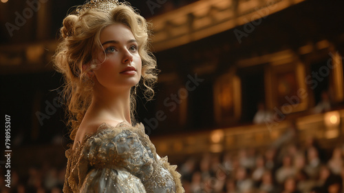 beautiful opera singer in elegant costume performing on stage in front of audience