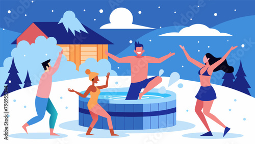 Snow softly falls outside as friends take turns jumping from a hot tub into the adjacent outdoor sauna giggling with delight at the shock of the cold.