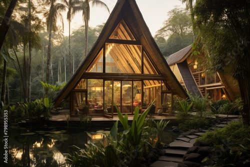A Traditional Bamboo House Nestled in a Lush Tropical Rainforest, Illuminated by the Soft Glow of the Setting Sun © aicandy
