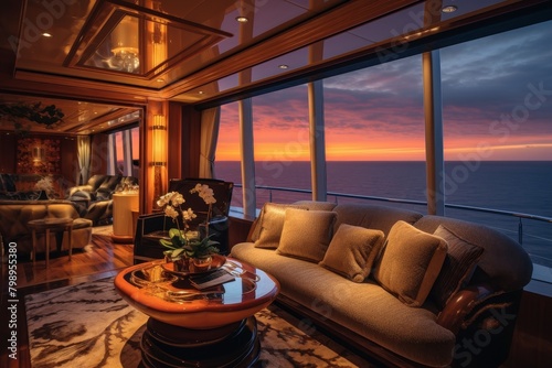 A Luxurious Ocean Liner Cabin with a Panoramic View of the Sunset Over the Horizon, Adorned with Rich Wood and Plush Furnishings © aicandy
