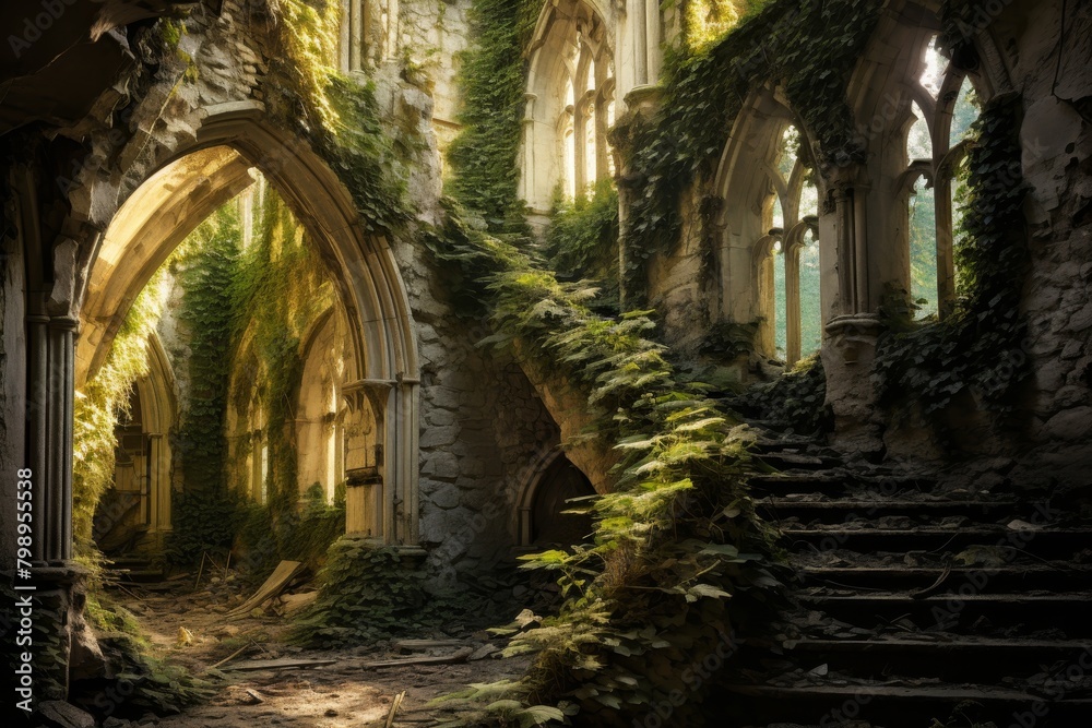 A Hauntingly Beautiful Depiction of an Abandoned Monastery, Overgrown with Ivy and Bathed in the Soft Glow of Moonlight
