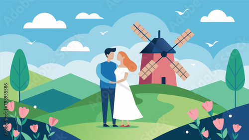 In the midst of a romantic countryside elopement a couple stands atop a charming windmill declaring their undying love for each other.. Vector illustration photo