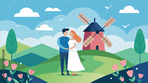 In the midst of a romantic countryside elopement a couple stands atop a charming windmill declaring their undying love for each other.. Vector illustration