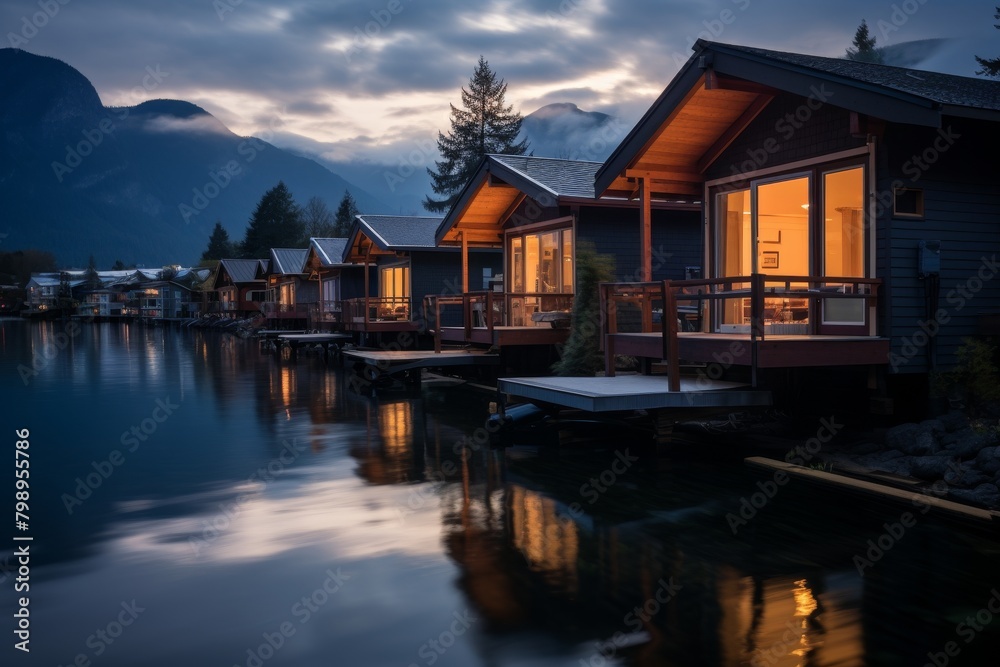 Fototapeta premium A Serene Dawn Over a Floating House Community, Reflecting on Calm Waters with a Backdrop of Majestic Mountains
