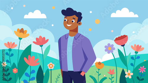 A man standing in a flower field a radiant smile on his face as he admires the beauty around him and contemplates his next flower arrangement..