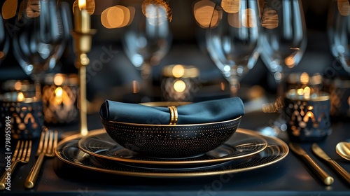 Contemporary Black and Gold Wedding Table Setting with Simple Design