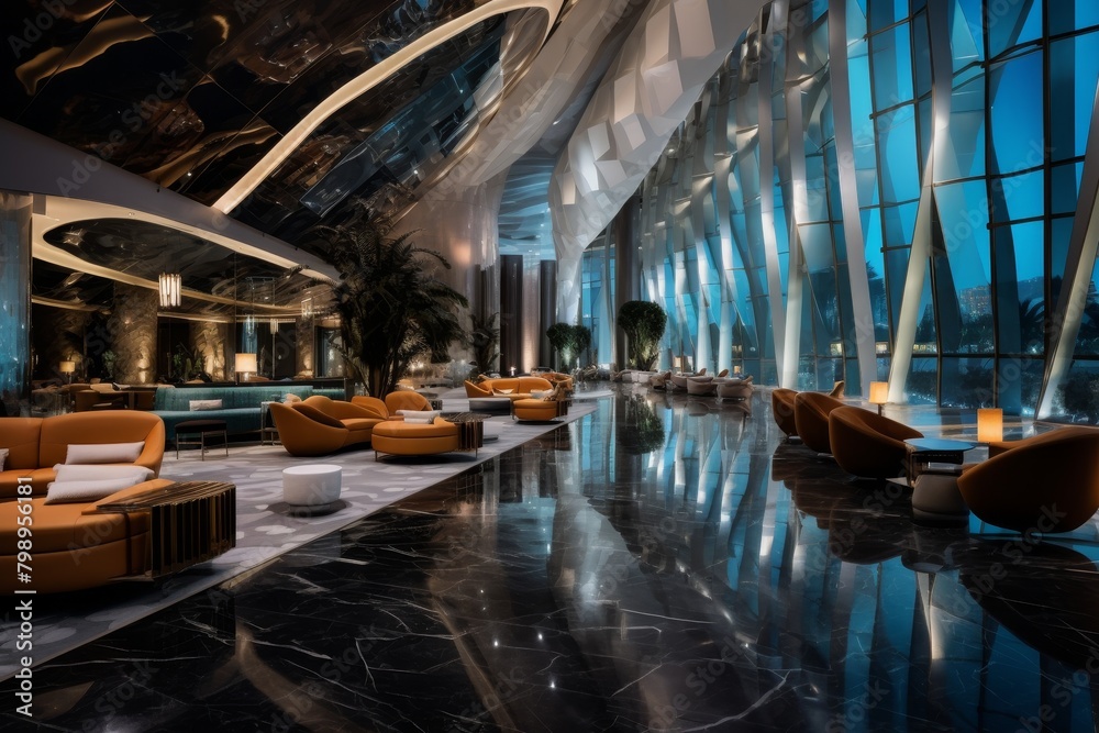 A Spectacular View of a Crystalline Hotel Lobby with Modern Architecture, Reflective Surfaces, and Luxurious Furnishings