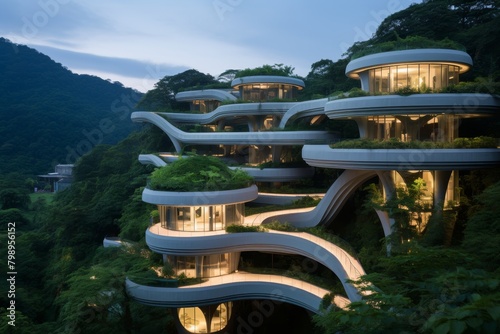 A Continuous Ribbon Hotel Winding Its Way Through a Lush Green Landscape, Creating a Unique Architectural Masterpiece photo