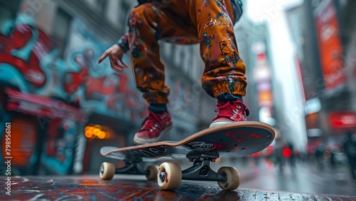 Skilled skateboarder performs jawdropping trick against urban graffiti backdrop in dramatic lighting. Concept Skateboarding, Urban Graffiti, Dramatic Lighting, Skilled Performer, Jawdropping Trick