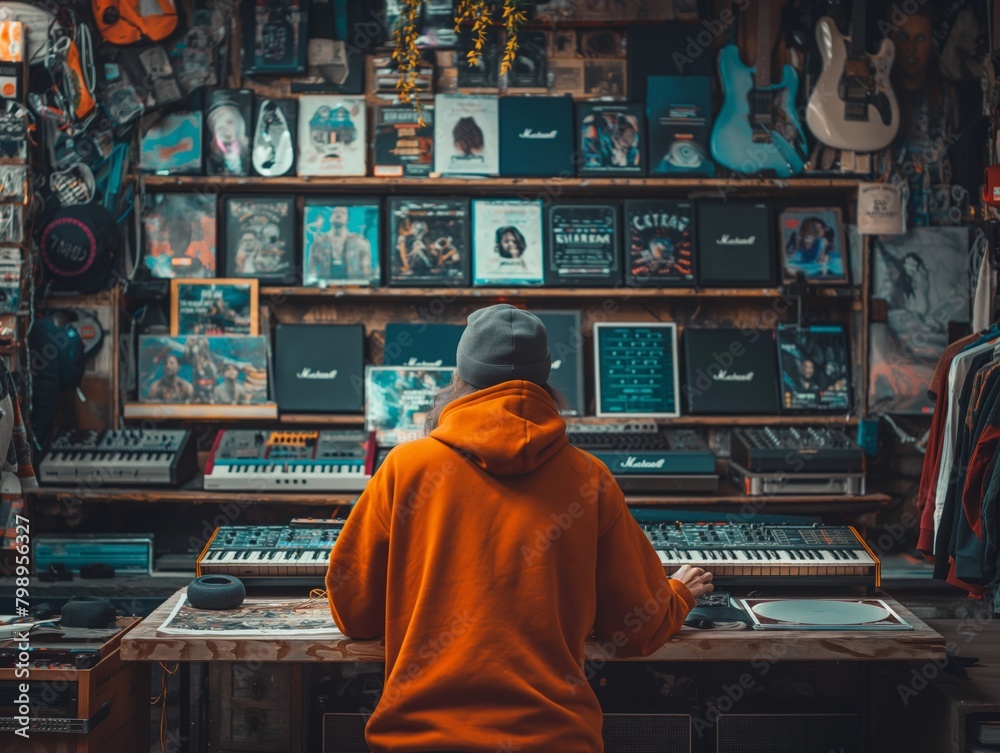 A man in an orange hoodie sits in front of a keyboard in a room filled with musical instruments