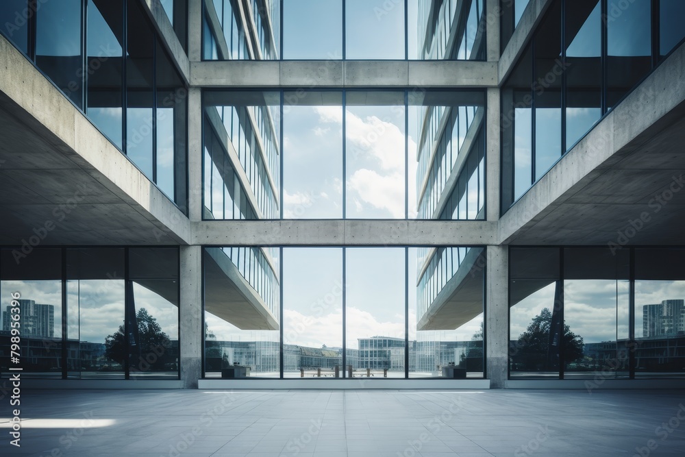 A Modern Concrete Office Building Highlighted by a Trio of Large Central Windows, Illuminating the Interior with Natural Light A Modern Concrete Office Building Highlighted by a Trio of Large Central Windows, Illuminating the Interior with Natural Light