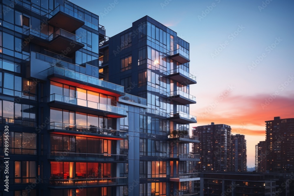A Modern High-Rise Apartment Building with Multiple Balconies Offering Stunning City Views at Sunset A Modern High-Rise Apartment Building with Multiple Balconies Offering Stunning City Views at Sunset