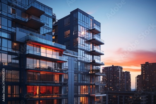A Modern High-Rise Apartment Building with Multiple Balconies Offering Stunning City Views at Sunset