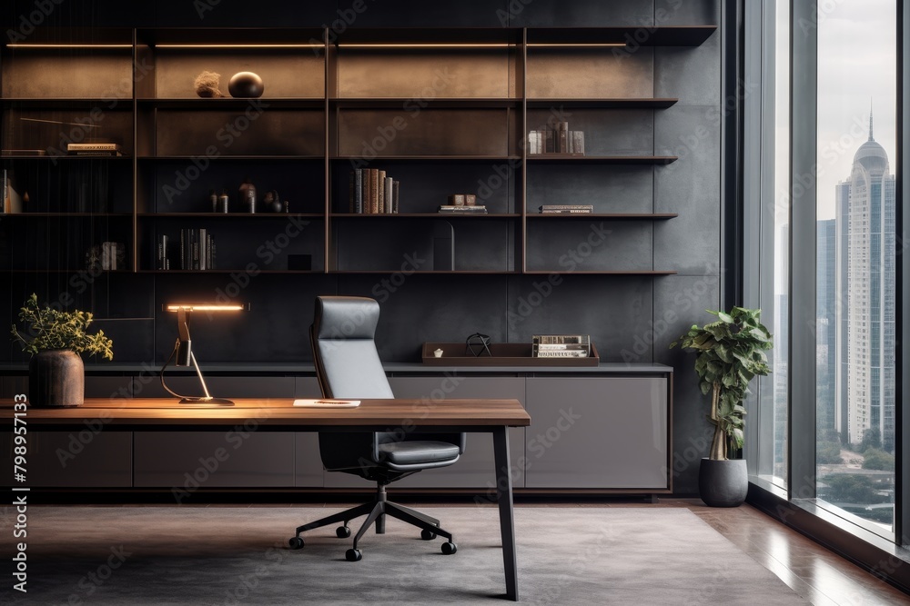 A Modern Slate Gray Workstation Area Featuring a Sleek Desk, Ergonomic Chair, and Contemporary Wall Decor in a Minimalist Office Setting A Modern Slate Gray Workstation Area Featuring a Sleek Desk, Ergonomic Chair, and Contemporary Wall Decor in a Minimalist Office Setting