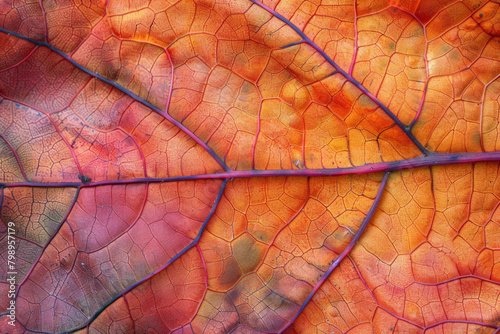 The textured surface of fallen autumn leaves  showcasing their vibrant colors and delicate veins. Autumn leaf textures offer a seasonal and natural backdrop