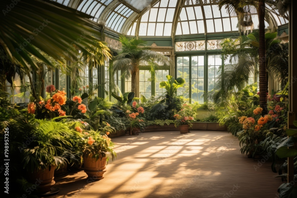 A Vibrant and Lush Greenhouse Interior, Bathed in Soft Sunlight, with a Variety of Exotic Plants and Flowers