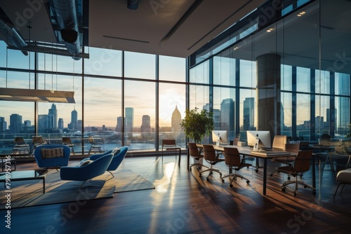 A Modern Office Interior Illuminated by Natural Light, Featuring Sleek Furniture and Innovative Technology with a Panoramic City View