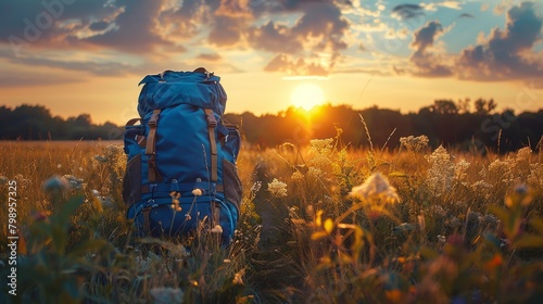 Adventurer’s cobalt bag standing alone in a field, highlighted by the soft beams of a setting sun and the tranquility of a rural journey