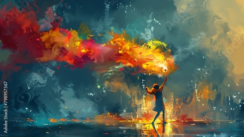An individual seemingly wields a paintbrush, creating a vibrant explosion of abstract colors and shapes that burst across the canvas of reality, Digital art style, illustration painting.