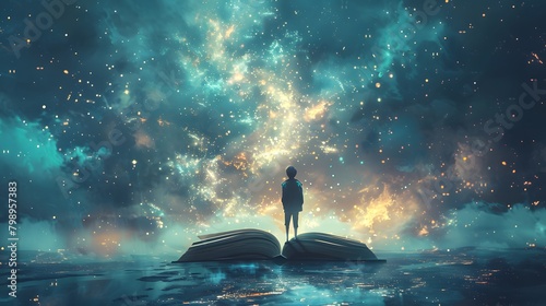 A child stands upon an open book as a breathtaking celestial event unfolds before them, with a galaxy of stars bursting forth into the night sky. photo