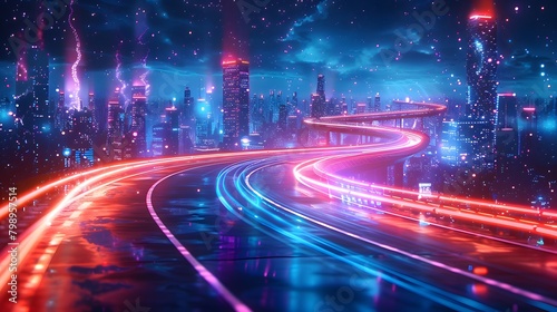 Futuristic neon lights craft a vivid tapestry of motion, with elevated highways weaving through a dynamic cityscape under a starlit sky.