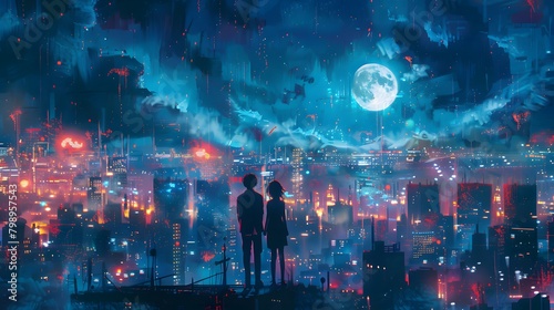 A couple stands close  sharing a moment of connection as they gaze upon a sprawling cityscape under the mysterious glow of a blood moon.