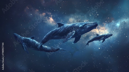 A family of whales appears to float through a magical underwater starscape, merging ocean and cosmos in a dreamlike scene. © Sak