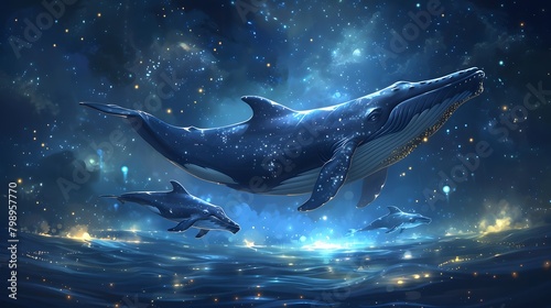 A family of whales appears to float through a magical underwater starscape, merging ocean and cosmos in a dreamlike scene.