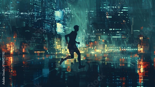 A digital artwork featuring the silhouette of a running person overlaid on a vibrant cyberpunk cityscape with neon lights, Digital art style, illustration painting.