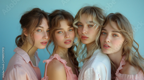 attractive female models in pink dresses posing on blue background