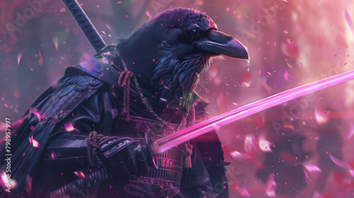 Samura raven with a neon sword in his hands