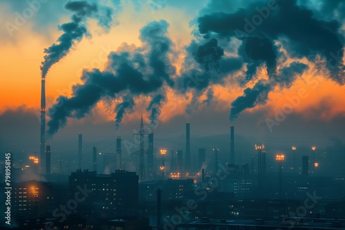 Evening view of the industrial landscape of the city with smoke emissions from chimneys at sunset CO2