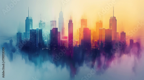 Abstract city building skyline metropolitan area in contemporary color style and futuristic effects.  photo