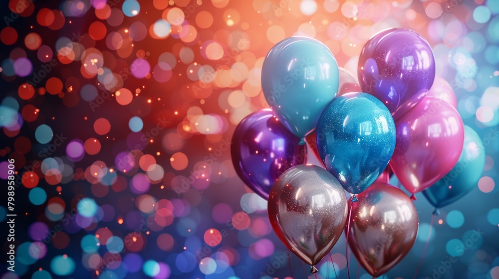Vivid party balloons with a shimmering surface float against a backdrop of soft-focus multicolored lights. Vivid party balloons with a shimmering surface float against a backdrop of soft-focus multicolored lights.