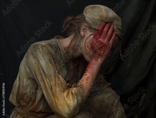A woman is sitting on the ground with her hands on her head. She has a bloody hand on her face and a bloody hand on her arm. The woman is wearing a dirty shirt and a hat. The scene is dark and eerie photo