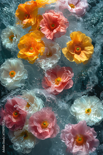colorful flowers flowing in water (ID: 798959172)