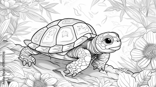 A turtle is sitting on a rock next to some flowers. The turtle is small and cute. The flowers are colorful and add a nice touch to the scene
