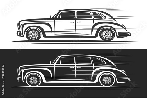 Vector logo for Retro Car, horizontal decorative banners with simple contour illustration of elegant historic car in moving, line art design monochrome exotic concept car on black and white background
