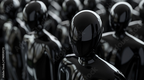 
A row of black statues of people standing in a line. The statues are all the same size and shape, and they are all facing the same direction. The image has a monochromatic color scheme
 photo