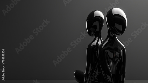 
A row of black statues of people standing in a line. The statues are all the same size and shape, and they are all facing the same direction. The image has a monochromatic color scheme

