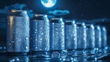 Fresh soda cans arranged in a staggered line, illuminated by the cool, crisp light of a full moon, water droplets casting tiny reflections.