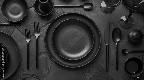 Minimalist black-on-black table setting with varying textures shines subtly under soft light.