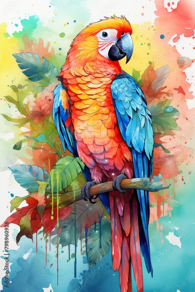 Fototapeta premium A watercolor painting of a parrot. The parrot is sitting on a branch, with its head turned to the side. The parrot has bright, colorful feathers.
