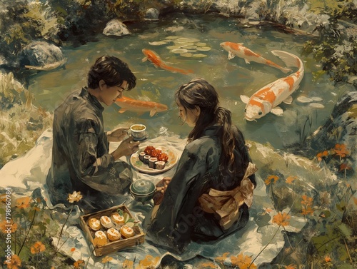 A man and woman are sitting on a blanket by a pond with fish swimming in the water. They are eating food and drinking tea
