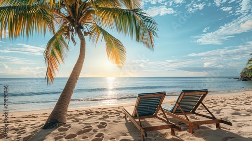 two lounge chairs on tropical beach © Spyrydon