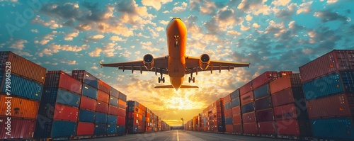A cargo plane loaded with freight containers taking off into the sky, representing global commerce.
