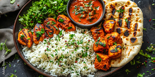 naan bread, tandoori chicken, korma souce and basmati rice on a big plate photo