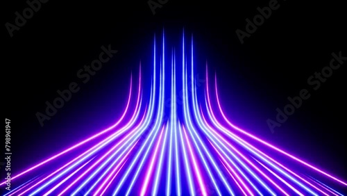 3D Animation, Abstract Black Background With Pink Blue Neon Lines Go Up And Disappear